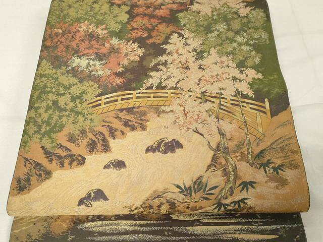 平和屋着物●六通柄袋帯　麹塵染　風景渡橋樹林文　正絹　逸品　CAAX0494yk