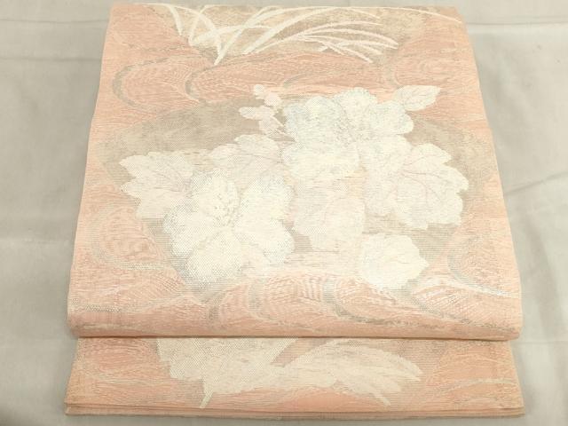 平和屋着物＊夏物　六通柄袋帯　流水地紙花文　銀糸　正絹　逸品　AAAX5928ma
