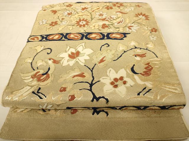 平和屋着物◎六通柄袋帯 更紗花鳥文 金糸 正絹 逸品 AABC3055dt