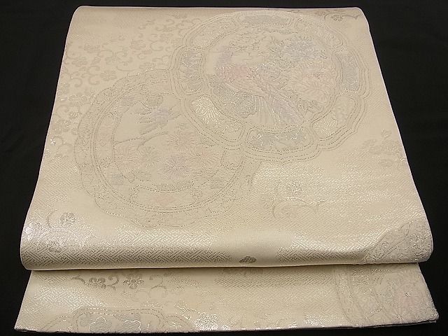 平和屋着物■両面六通柄袋帯　唐織　絵皿花鳥文　銀糸　逸品　n-wb1122