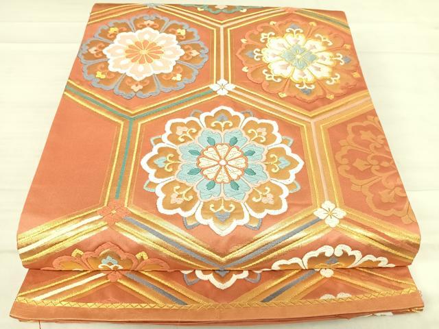平和屋着物◎六通柄袋帯　唐織　亀甲花文　金糸　正絹　逸品　AABF4807yx