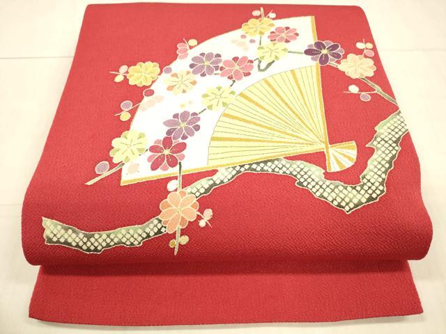 平和屋着物●九寸開き名古屋帯　舞扇枝花文　金彩　鬼しぼ縮緬　正絹　逸品　DAAX0062cm