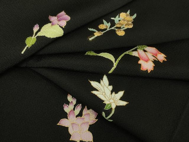 平和屋本店■極上 訪問着 駒刺繍 草花文 黒地 金彩 鬼しぼ縮緬 逸品 未使用 DZAA5051kh5