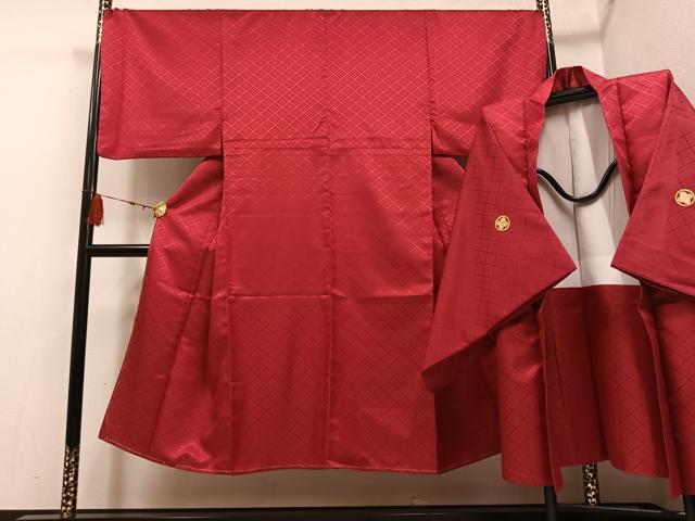 平和屋着物●男性　色紋付　羽織セット　花菱地紋　蘇芳色　洗える着物　AABF6091ph