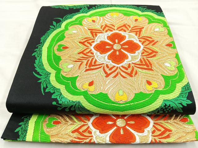 平和屋着物◎六通柄袋帯　唐織　花菱　黒地　金糸　正絹　逸品　BAAL0144cm