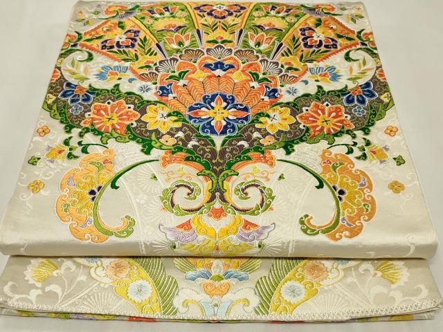 平和屋着物◎西陣　橋本テル織物謹製　六通柄袋帯　唐織　更紗花文　銀糸　正絹　逸品　CAAZ7758in