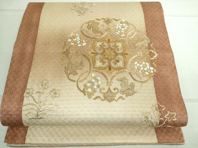 平和屋着物●ひなや工房　くむ・あむ・おる　伊豆蔵明彦　組織　太鼓柄袋帯　刺繍　正倉院草花文　金銀糸　正絹　逸品　DAAP1665ic