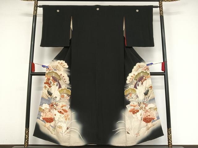 平和屋着物●アンティーク　大正ロマン　黒留袖　手描き　刺繍　両褄　鶴松花文　暈し染め　正絹　逸品　AAAZ3268np