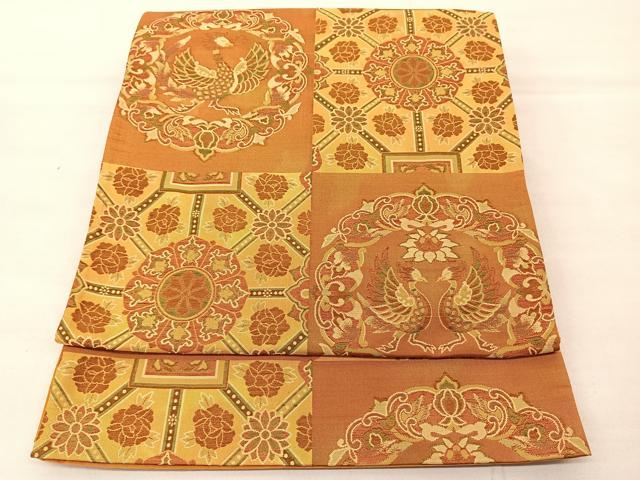 平和屋着物◎六通柄袋帯　市松花鳥文　正絹　逸品　BAAS8934ui