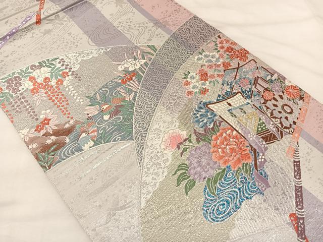 平和屋着物◎六通柄袋帯　地紙花鳥文　金銀糸　正絹　逸品　BAAS8944ui