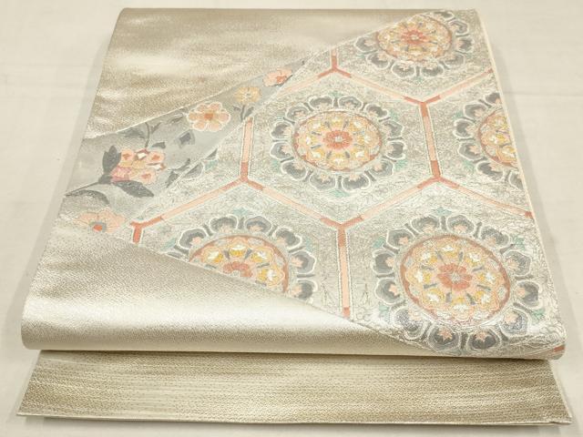 Rakuten - 平和屋着物▼太鼓柄袋帯　刺繍　切嵌亀甲花文　銀糸　正絹　逸品　AAAX0409wj
