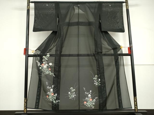 平和屋着物＊夏物　黒留袖　絽　流水草花文　洗える着物　未使用　AABI9743cs