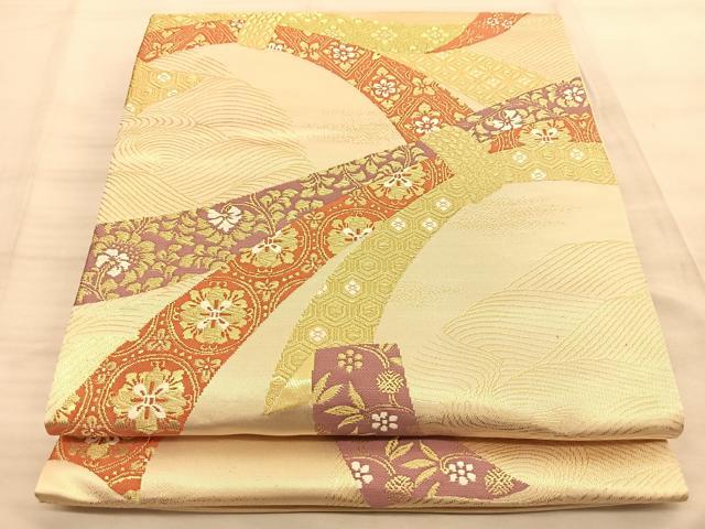 平和屋着物◎西陣　全通柄袋帯　束ね熨斗文　金糸　正絹　逸品　BAAT3265du