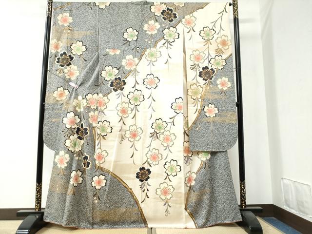 平和屋着物●豪華振袖　駒刺繍　枝桜文　たたき染め　金彩　正絹　逸品　CAAZ3524yc