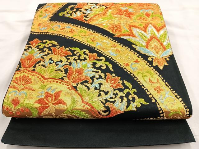 平和屋着物◎六通柄袋帯　宝相華　黒地　金糸　正絹　逸品　BAAL0150cm