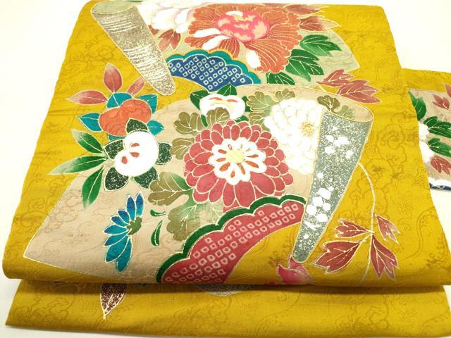 平和屋着物●アンティーク　大正ロマン　九寸名古屋帯　刺繍　地紙草花文　金彩　正絹　逸品　DABD0632op