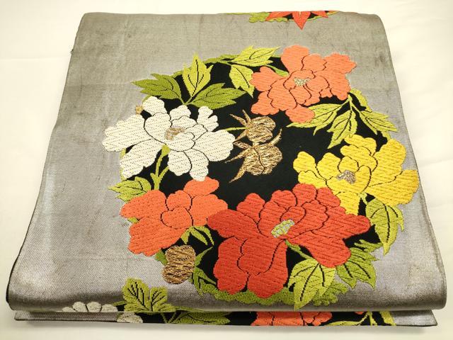 Rakuten - 平和屋着物◎六通柄袋帯　唐織　花丸文　黒地　金糸　正絹　逸品　CAAV3403ft