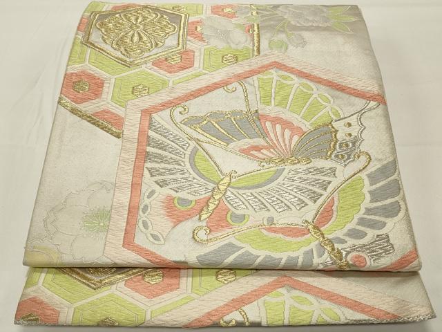 平和屋着物◎六通柄袋帯　唐織　亀甲花蝶文　金銀糸　正絹　逸品　CAAW9463qe