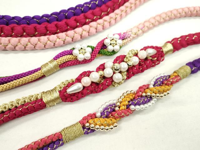 其它 - 平和屋着物▼和装小物　帯締め3本セット　振袖用　飾り付き　パール　花　紫　虹色　真紅　金糸　逸品　CABC0819ju