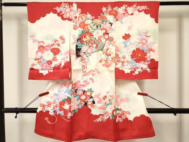 Kimono （For Girls） - 平和屋着物[]お宮参り　女の子　祝着　産着　初着　のしめ　扇面鞠花文　暈し染め　金彩　逸品　未使用　DABA3914ma