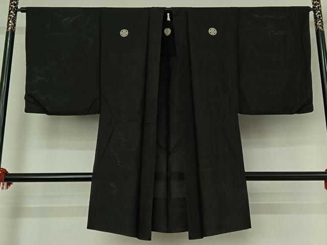 平和屋着物▽男性　羽織　黒紋付　スリーシーズン　春夏秋　塵除け　暗黒色　正絹　逸品　AABG0217jh