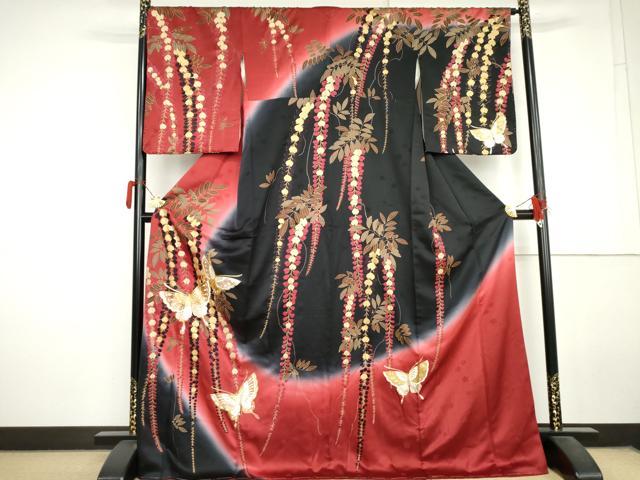 平和屋着物●訪問着　駒刺繍　花蝶文　暈し染め　金銀彩　ロング丈　正絹　逸品　未使用　AABL6559cs