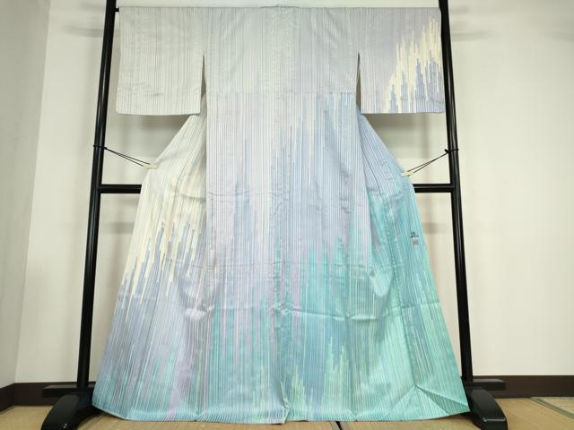 平和屋着物●訪問着 作家物 刺繍 変わり縞 銀糸 正絹 逸品 DABC3513az