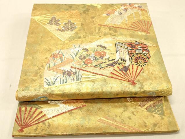 平和屋着物◎六通柄袋帯 扇面御所車花文 本うるし箔金 正絹 逸品 DAAX6040jm