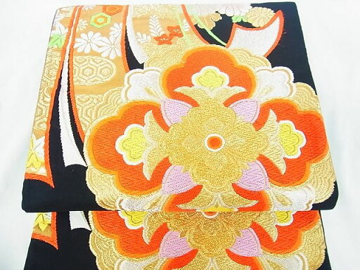 平和屋着物■六通柄袋帯 几帳吉祥花文 黒地 金銀糸 逸品 sf0996 平和屋着物■六通柄袋帯 几帳吉祥花文 黒地 金銀糸 逸品 sf0996