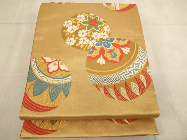 平和屋着物∵子供 全通柄袋帯 唐織 手毬文 金糸 未使用 AABE2407ja