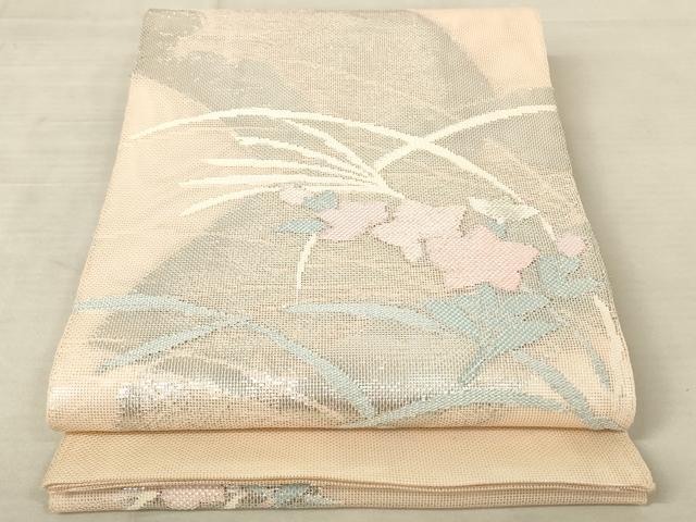 平和屋着物*夏物 太鼓柄袋帯 地紙重ね草花文 銀糸 正絹 逸品 AAAV2153pf