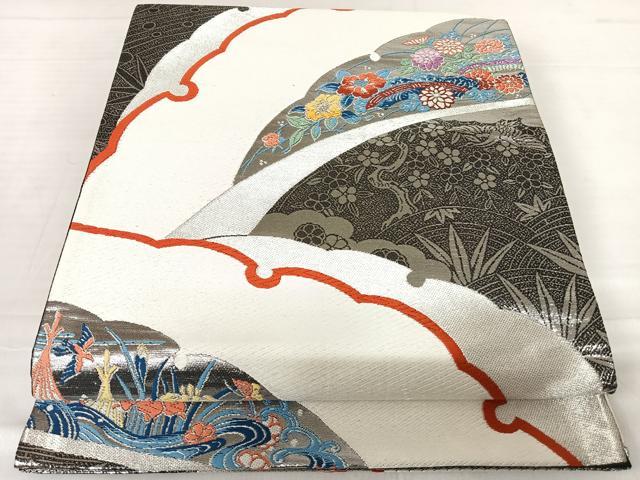 Other - 平和屋着物◎六通柄袋帯　唐織　雪輪花文　黒地　銀糸　正絹　逸品　AABE3696yx