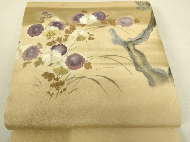 平和屋着物■アンティーク 大正ロマン 九寸名古屋帯 刺繍 草花文 金彩 引き抜き帯 逸品 DAAO7419sf