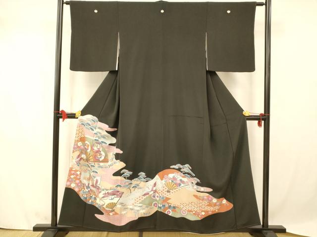 樂天商城 - 平和屋着物■豪華黒留袖　刺繍　飛鶴草花扇子文　金銀彩　正絹　逸品　AAAZ7878fw