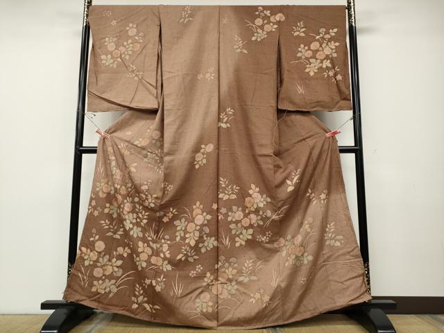 Kimono - 平和屋着物●訪問着　紬地　刺繍　草花文　仮絵羽　正絹　逸品　未使用　CABD7461ut