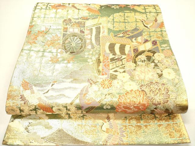 平和屋着物◎六通柄袋帯　御所車飛鶴花文　金糸　正絹　逸品　DAAY2405op