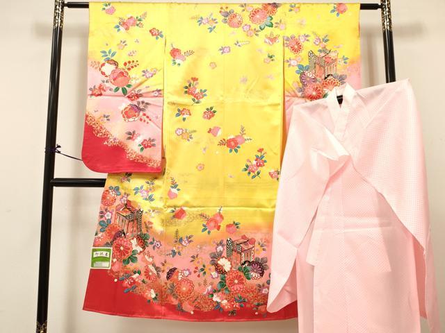 樂天商城 - 平和屋着物[]七五三　女の子　7歳　祝着　四つ身　長襦袢(単衣)セット　御所車花文　暈し染め　金彩　未使用　DABA3843ma
