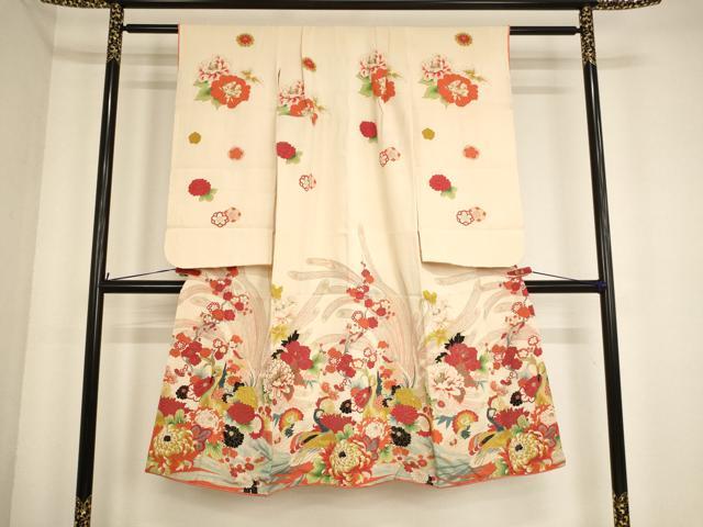 平和屋着物[]七五三　女の子　7歳　祝着　四つ身　駒刺繍　孔雀花文　金銀彩　正絹　逸品　AABE2425ja