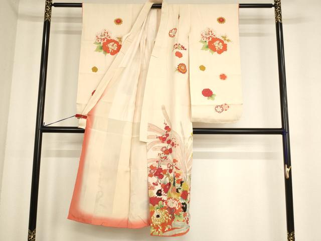 平和屋着物[]七五三　女の子　7歳　祝着　四つ身　駒刺繍　孔雀花文　金銀彩　正絹　逸品　AABE2425ja
