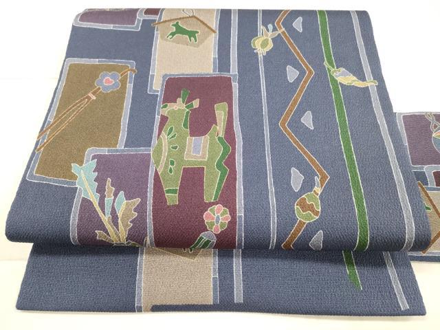 平和屋着物●九寸名古屋帯　京楽友禅　成り物　絵馬　簪　折鶴　正絹　逸品　DAAX0090cm