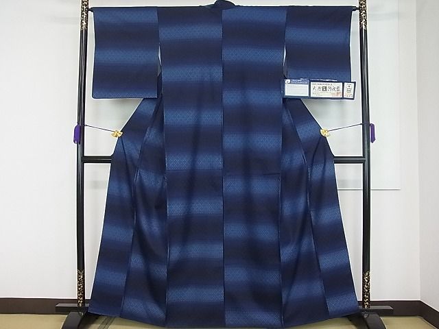 平和屋本店■極上 天然灰汁醗酵建本藍染 中西桂秀 十九代目藍師・佐藤昭人 紬 花織 小石丸 藍香房 認定証・証紙・反端付3s20028