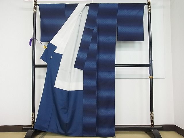 平和屋本店■極上 天然灰汁醗酵建本藍染 中西桂秀 十九代目藍師・佐藤昭人 紬 花織 小石丸 藍香房 認定証・証紙・反端付3s20028