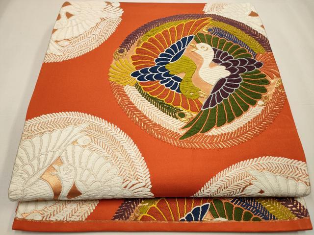 平和屋着物◎六通柄袋帯　唐織　双鳥丸文　金糸　正絹　逸品　CAAW9384qe