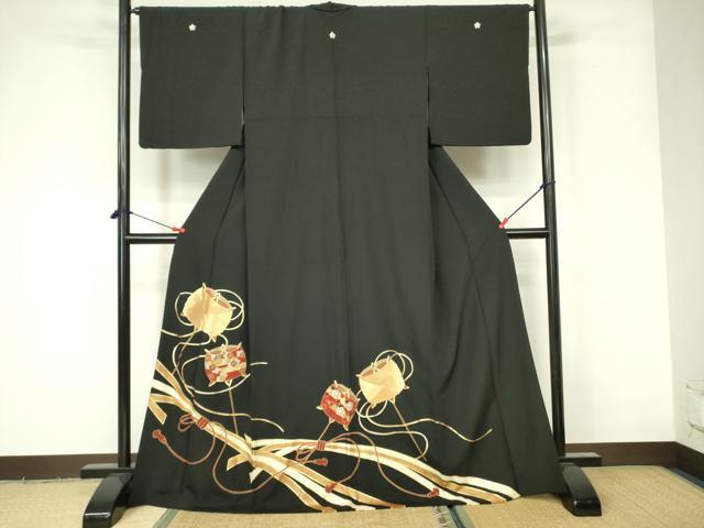 平和屋着物■豪華黒留袖　駒刺繍　糸車花文　金糸　正絹　逸品　DAAZ2650op