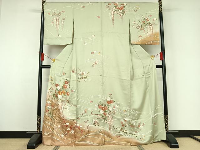 平和屋着物▽訪問着　単衣　駒刺繍　流水花文　暈し染め　金彩　正絹　逸品　AABJ3531jh