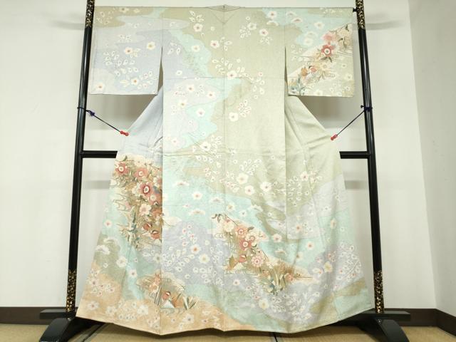 Uramono - 平和屋着物●訪問着　駒刺繍　流水鴛鴦草花文　金彩　正絹　逸品　DABC2512ud