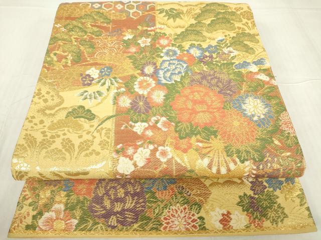 平和屋着物▼六通柄袋帯　屏風吉祥花文　金糸　正絹　逸品　DABC3463az