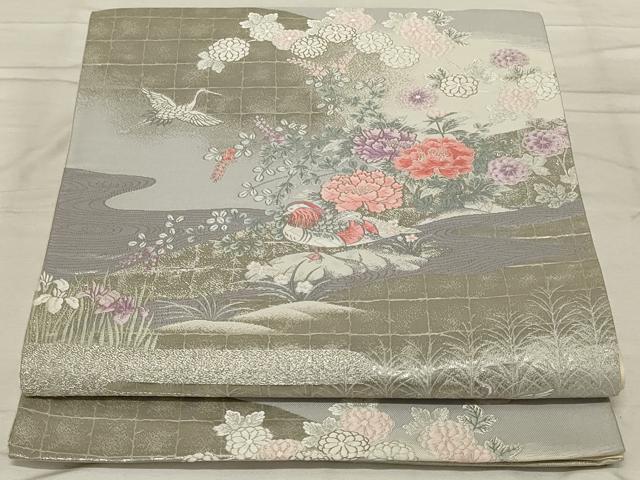 平和屋着物◎六通柄袋帯 唐織 鴛鴦花文 銀糸 正絹 逸品 AABG0888ou