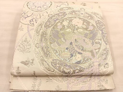 平和屋着物◎六通柄袋帯 唐織 鏡裏鴛鴦花文 銀糸 正絹 逸品 BAAT1517gt 平和屋着物◎六通柄袋帯 唐織 鏡裏鴛鴦花文 銀糸 正絹 逸品 BAAT1517gt