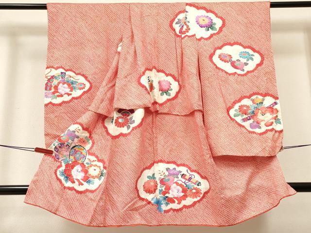 平和屋着物[]七五三　女の子　3歳　祝着　三つ身　絞り　雲取り絵巻鼓花文　銀彩　逸品　DABA3891ma